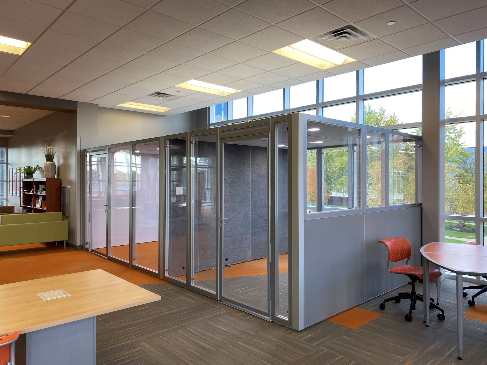 Photo of YOURspace Privacy Pods within Indiana Tech's library. Photo is at an angled view.