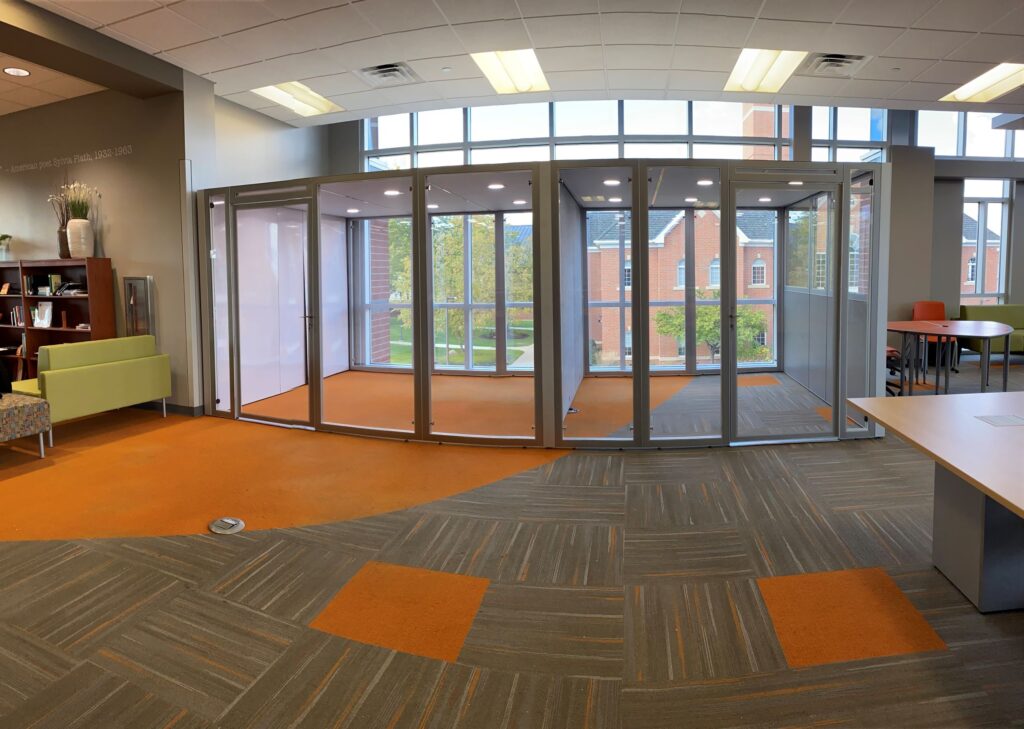 Front view photo of two privacy pods at Indiana Tech's Library in Fort Wayne, IN.