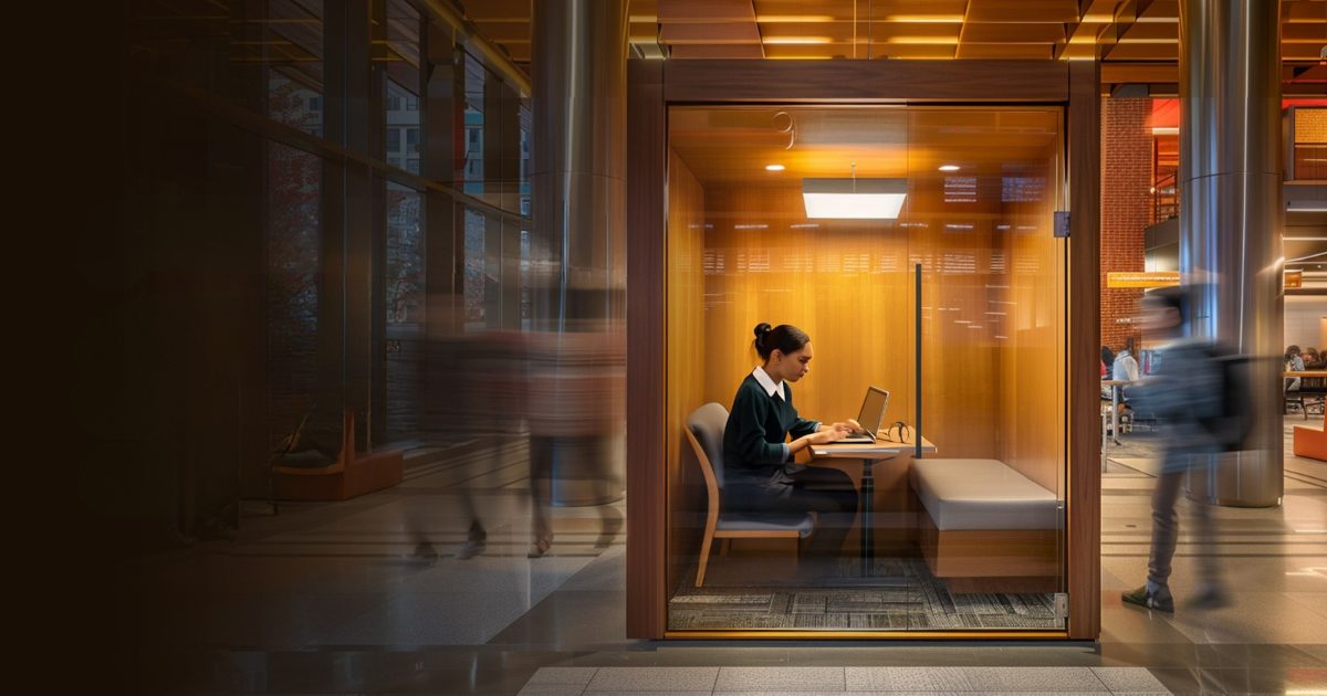 Higher Ed student in a study pod