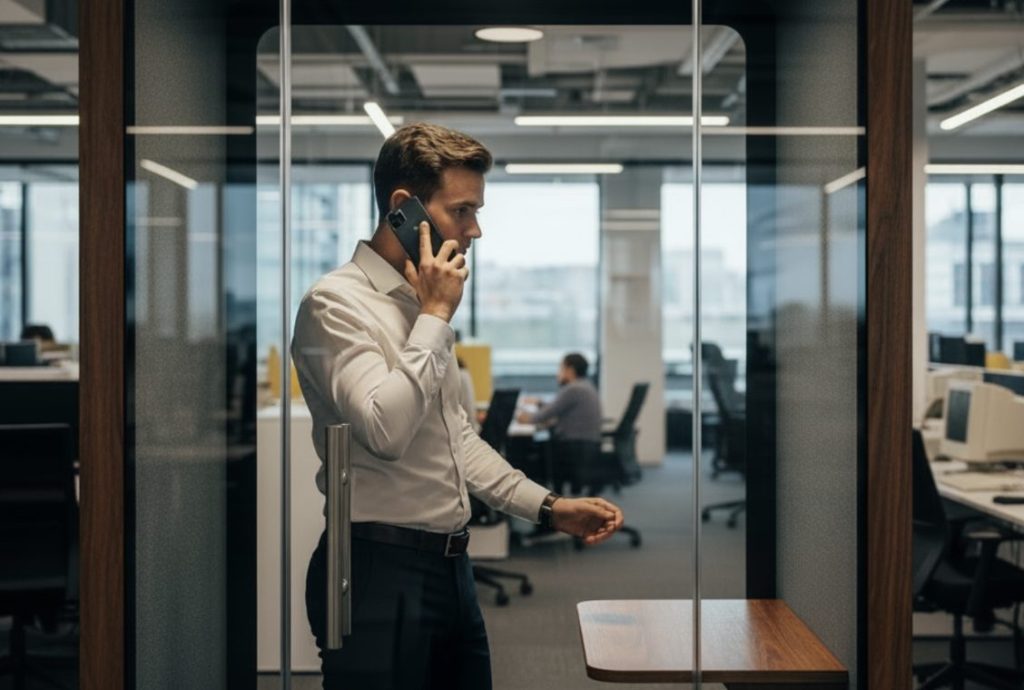 man taking a call in a phone booth