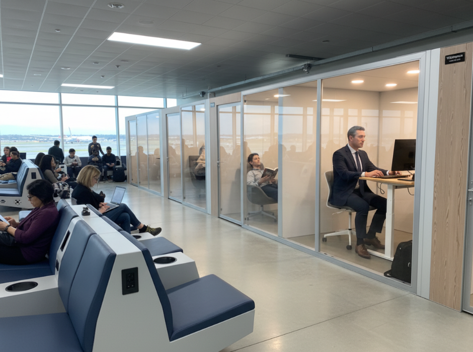 Airport goers relaxing and working within private airport pods
