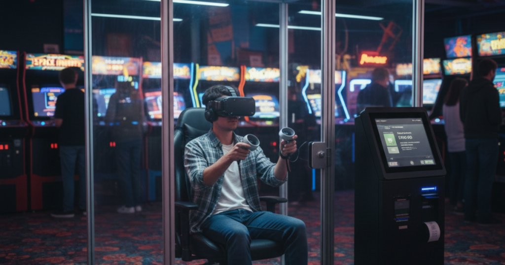 man using a gaming pod in an arcade