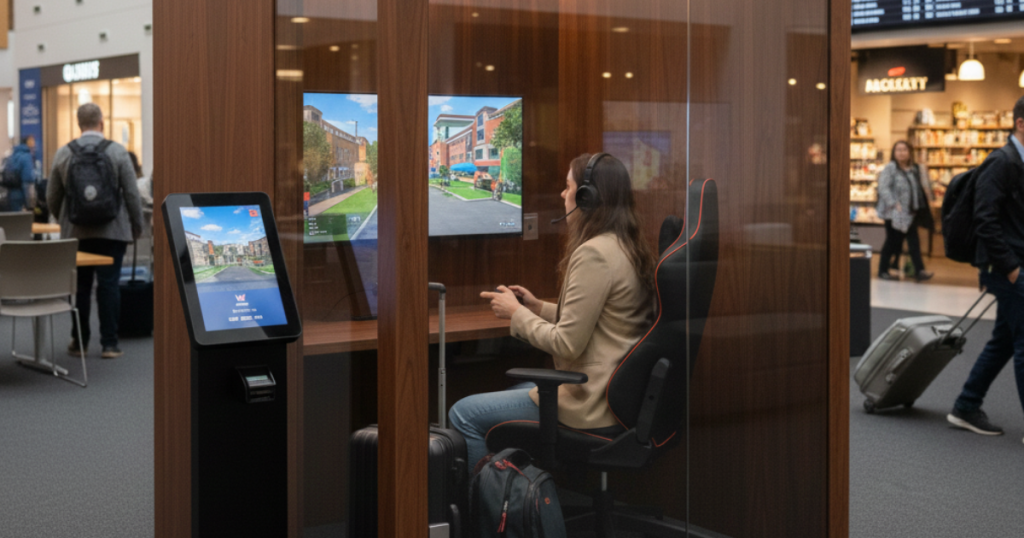 woman using a gaming pod in an airport