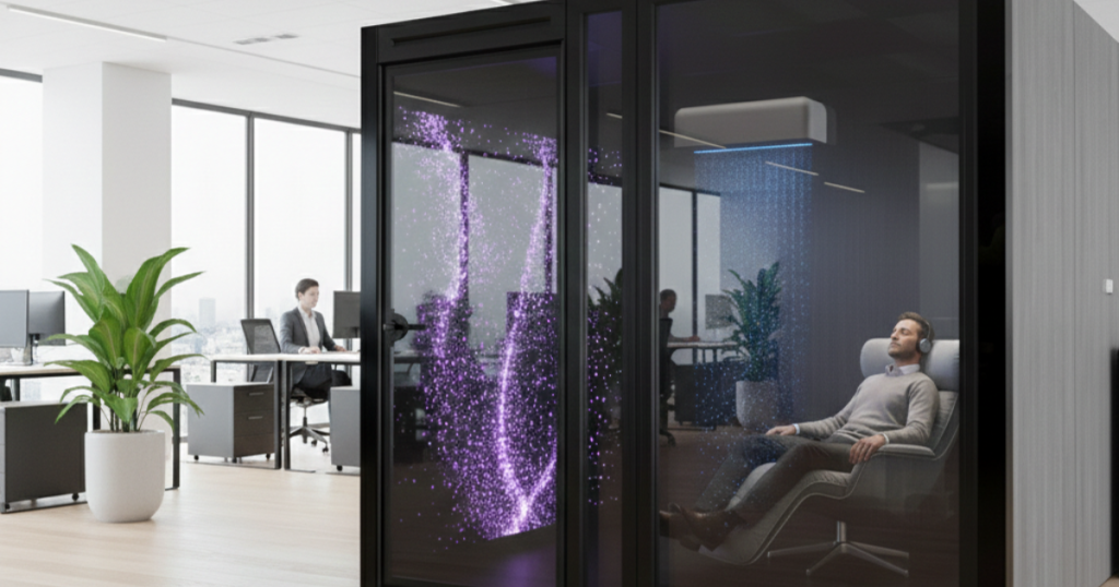 man using sensory pod at corporate office