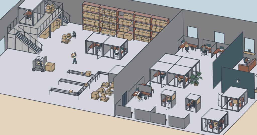 Isometric illustration of a warehouse and office space with modular office pods